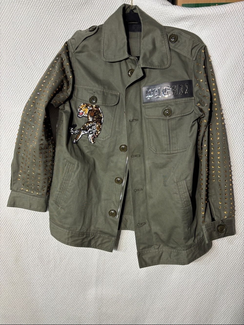 Philipp Plein Sz S Olive Green Military Jacket with Stud Sleeves Sequin Tiger
